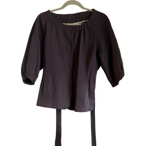 Banana Republic Navy Blue Black Tie Waist‎ 3/4 Sleeve Ruffle Neck Blouse Top